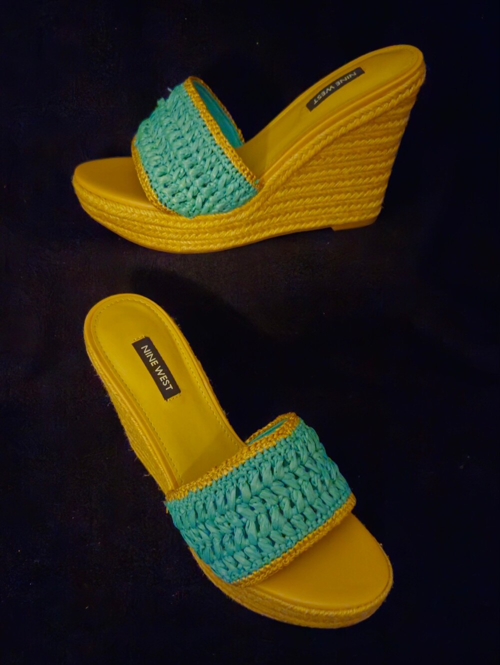 Nine West Holand Wedge Slip-On Sandals Aqua Blue Crochet Details - Size 8.5M - Picture 3 of 7